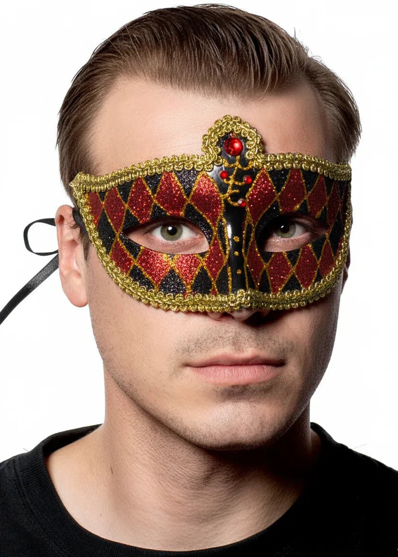 Harlequin Black and Red Glitter Venetian Masquerade Mask