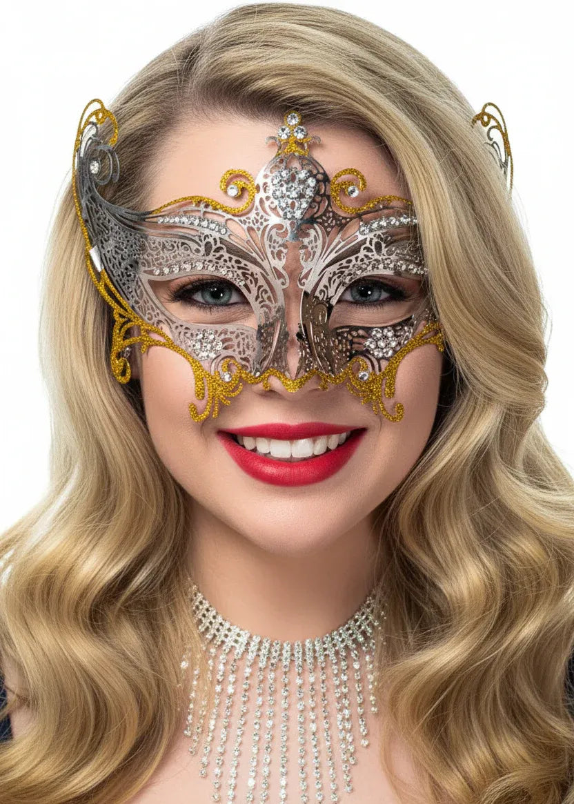 Divine Silver and Gold Metal Lace Masquerade Mask