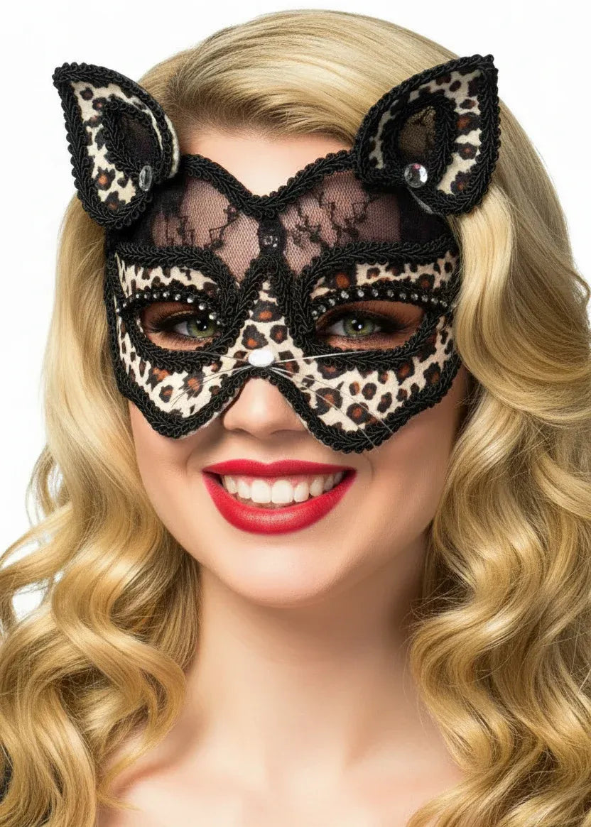Black Lace and Leopard Print Velvet Luxury Cat Face Masquerade Mask