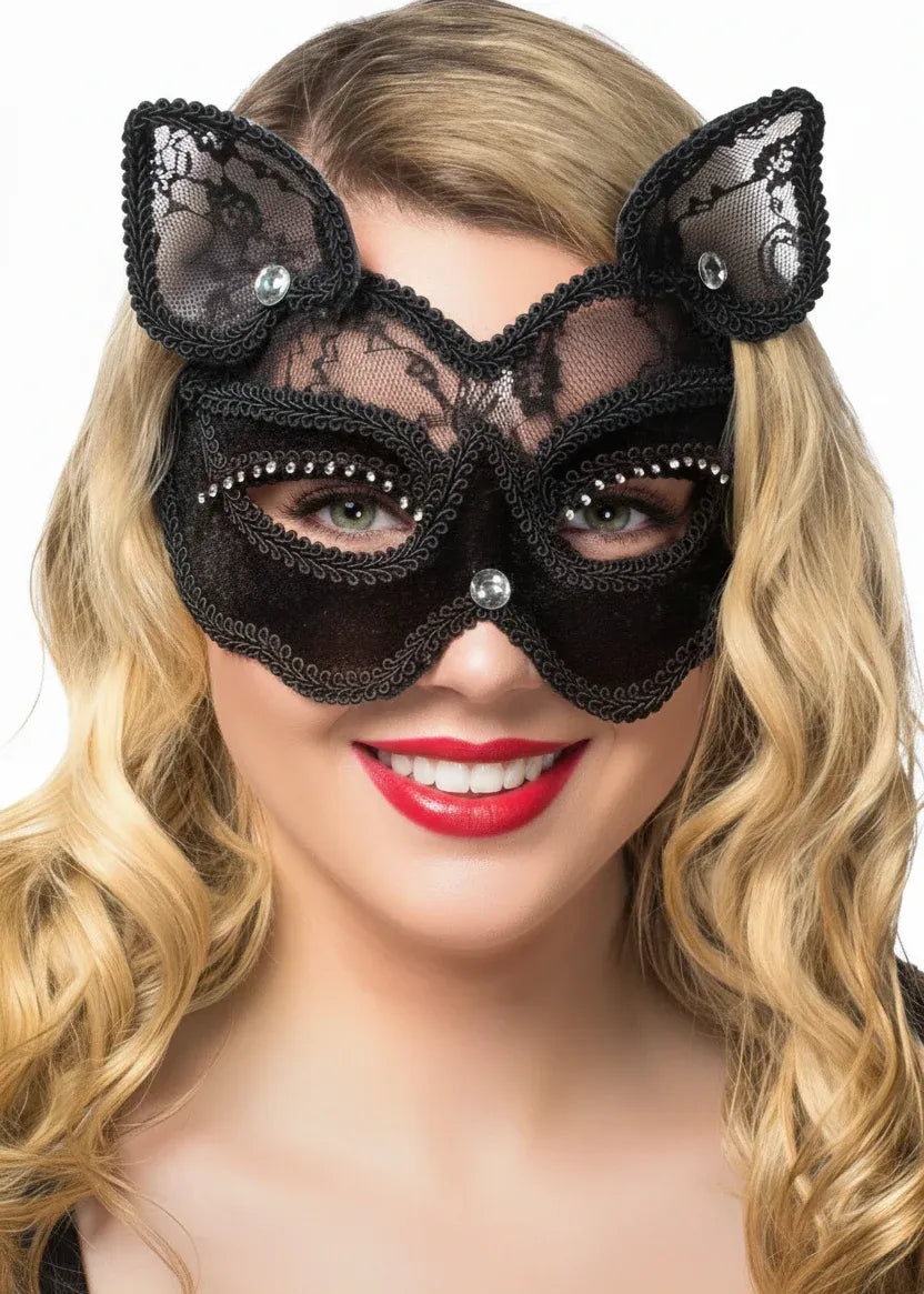 Black Cat Luxury Velvet and Sheer Lace Masquerade Mask