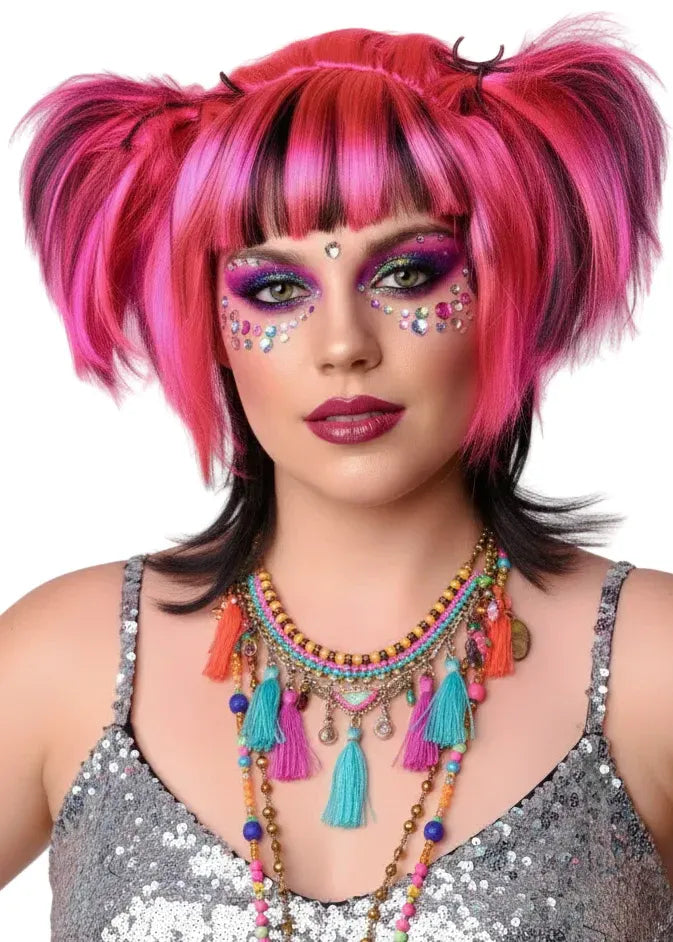 Messy Pigtails Pink and Black Womens Halloween Wig
