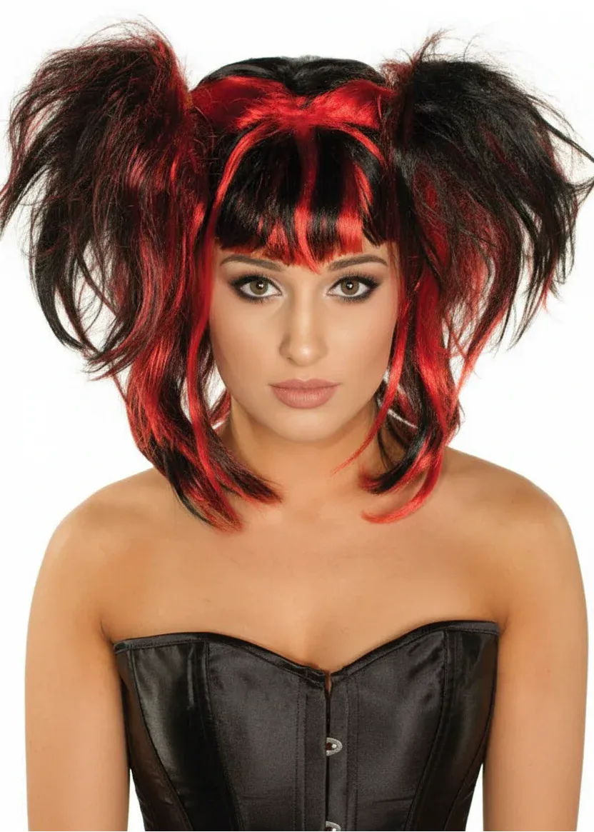 Messy Black and Red Pigtails Womens Halloween Wig
