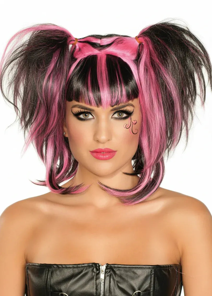 Messy Black and Pink Pigtails Womens Halloween Wig