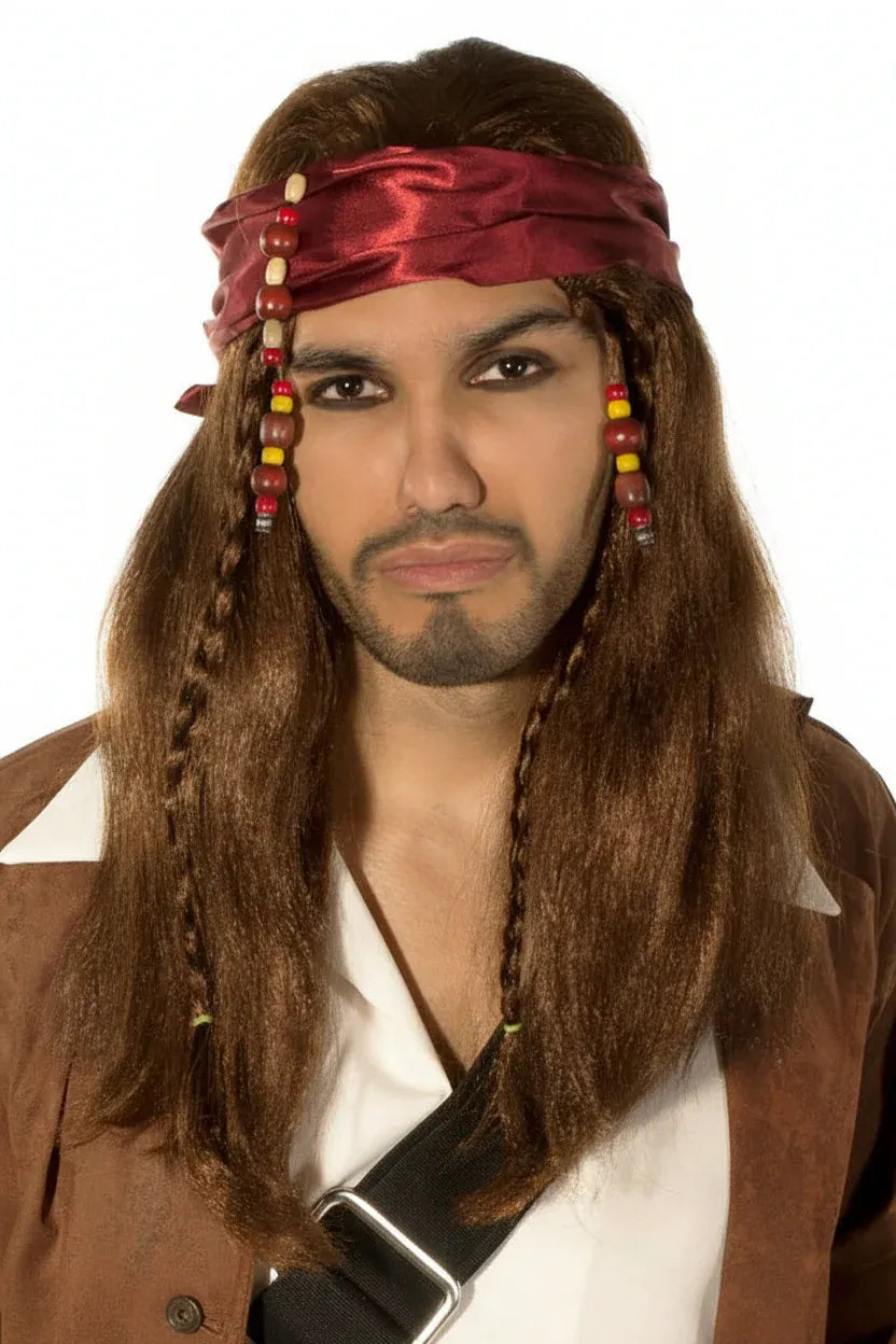 Caribbean Pirate Mens Long Brown Wig and Head Scarf