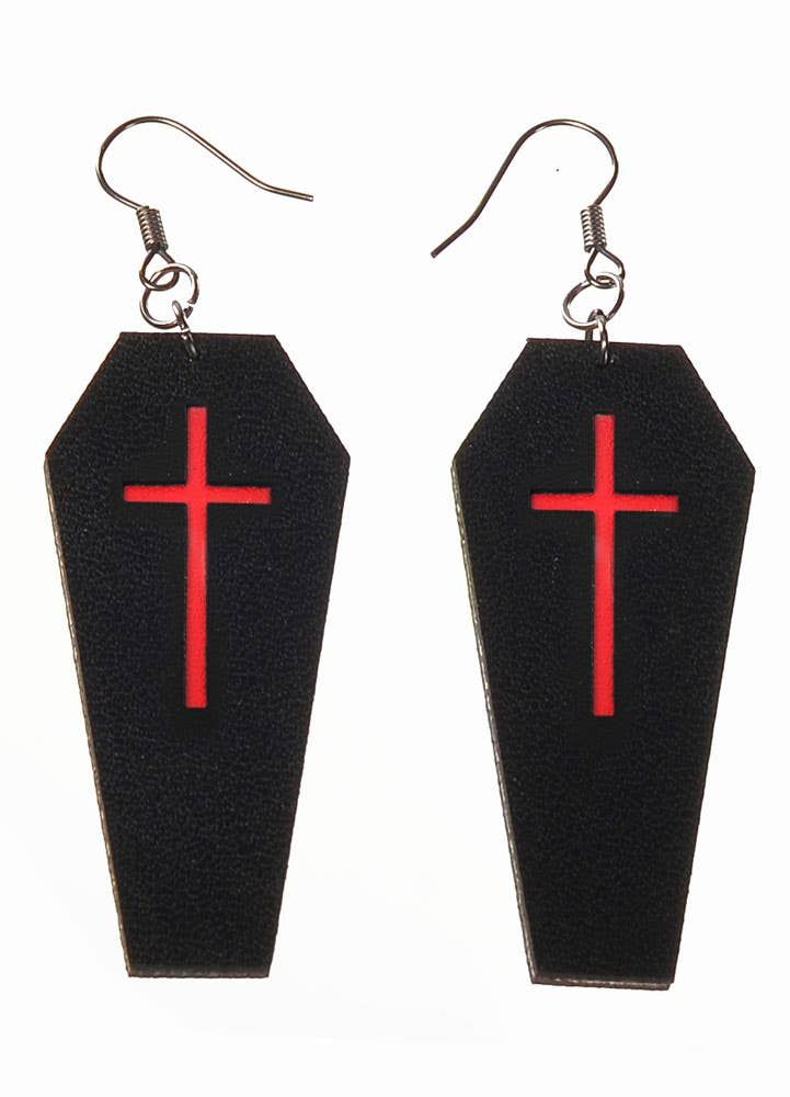 Black Leather Coffins with Red Cross Halloween Earrings