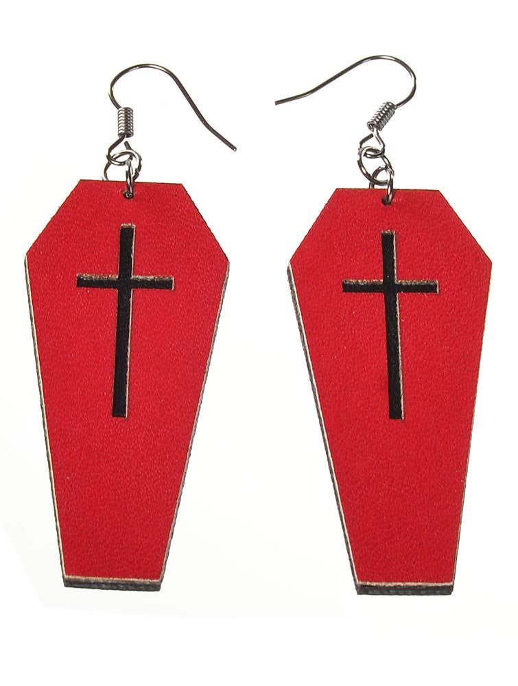 Red Leather Coffins with Black Cross Halloween Earrings