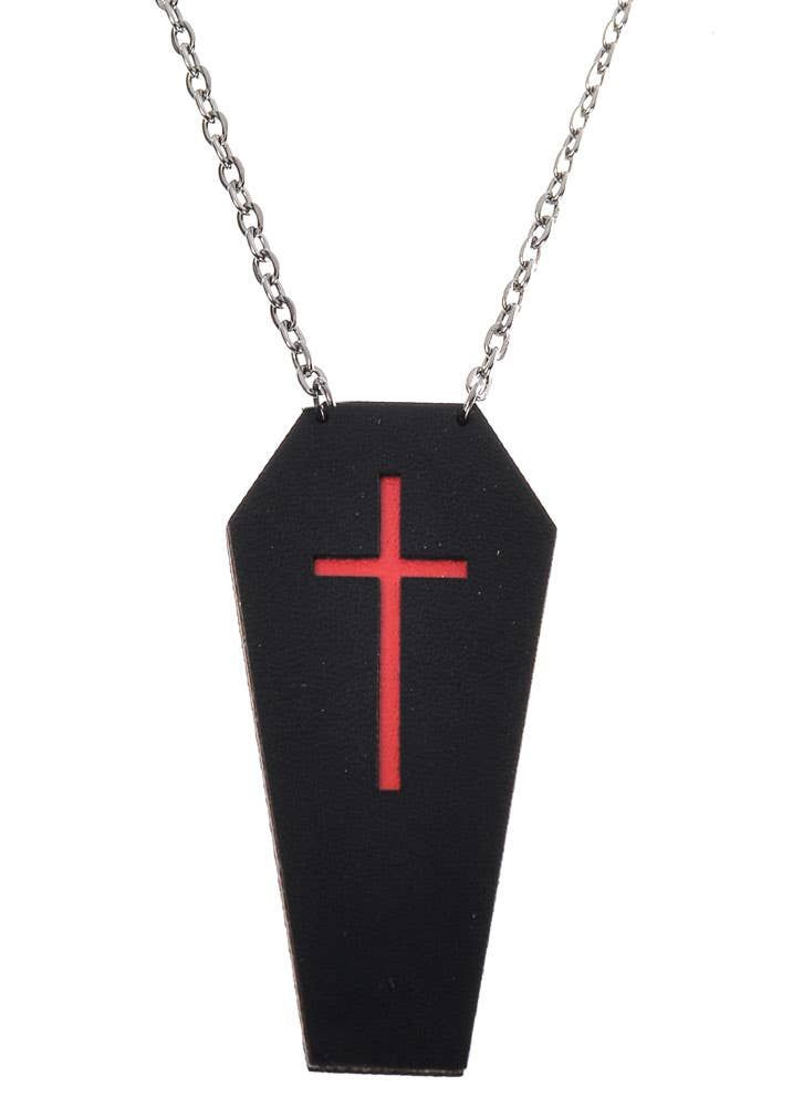 Black Leather Coffin with Red Cross Halloween Necklace