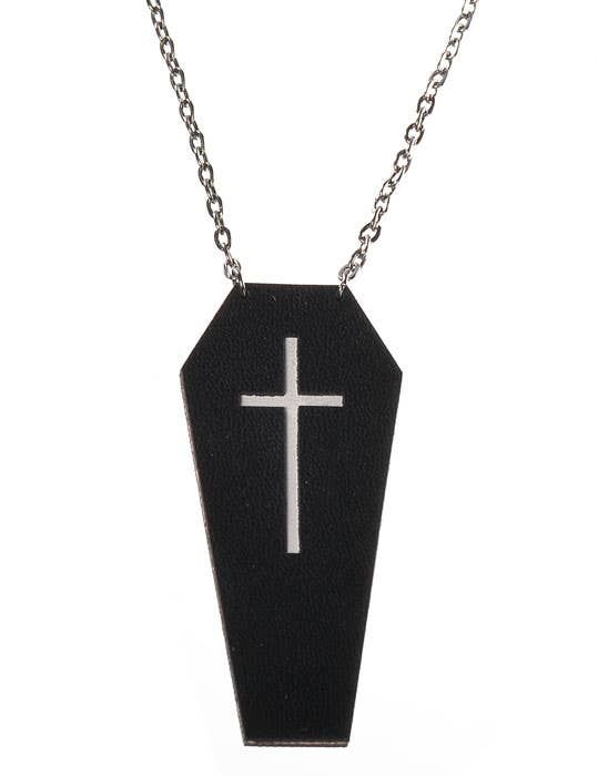 Black Leather Coffin with White Cross Halloween Necklace