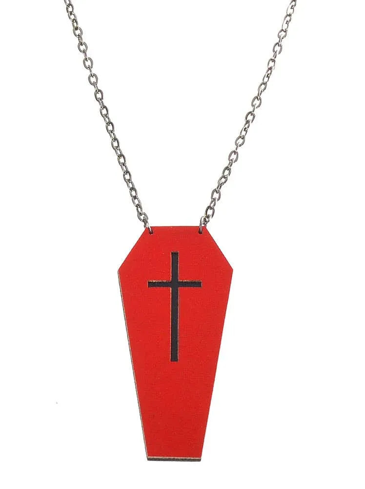Red Leather Coffin with Black Cross Halloween Necklace