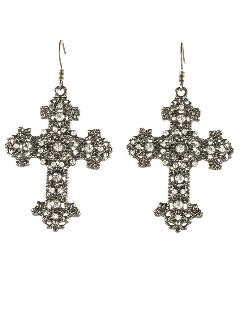 Gun Metal Black Gothic Cross Halloween Earrings