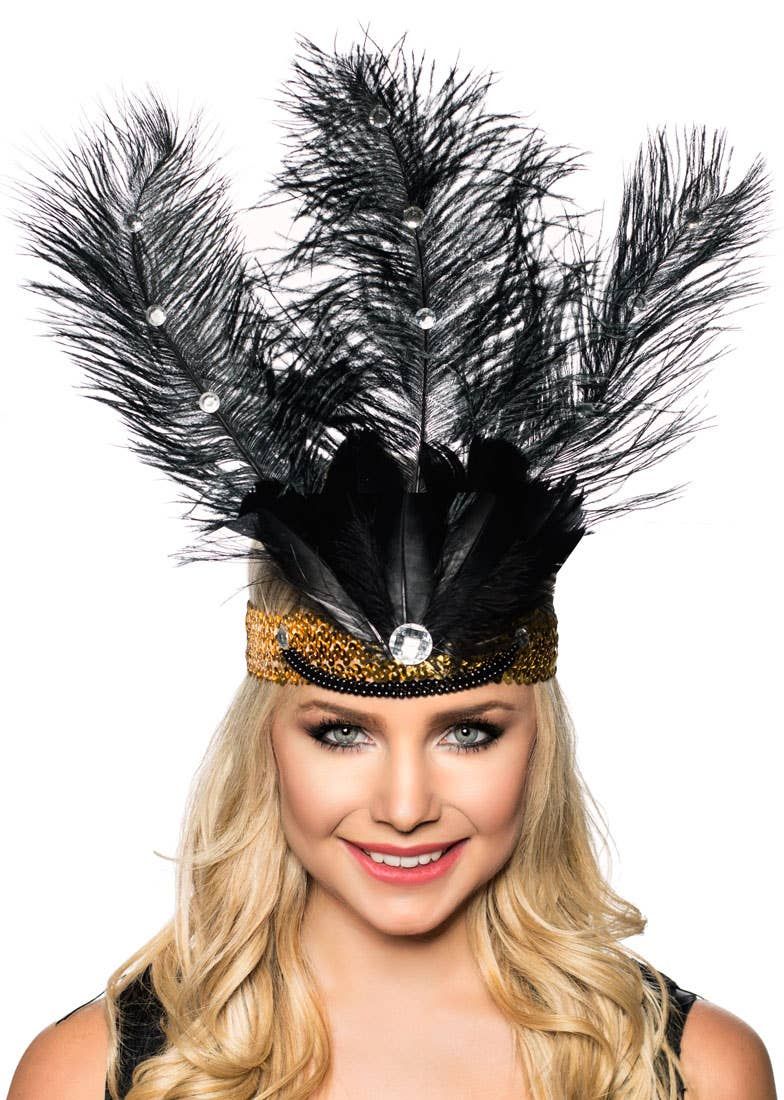 Tall Black Feather Showgirl Headpiece with Gold Sequins