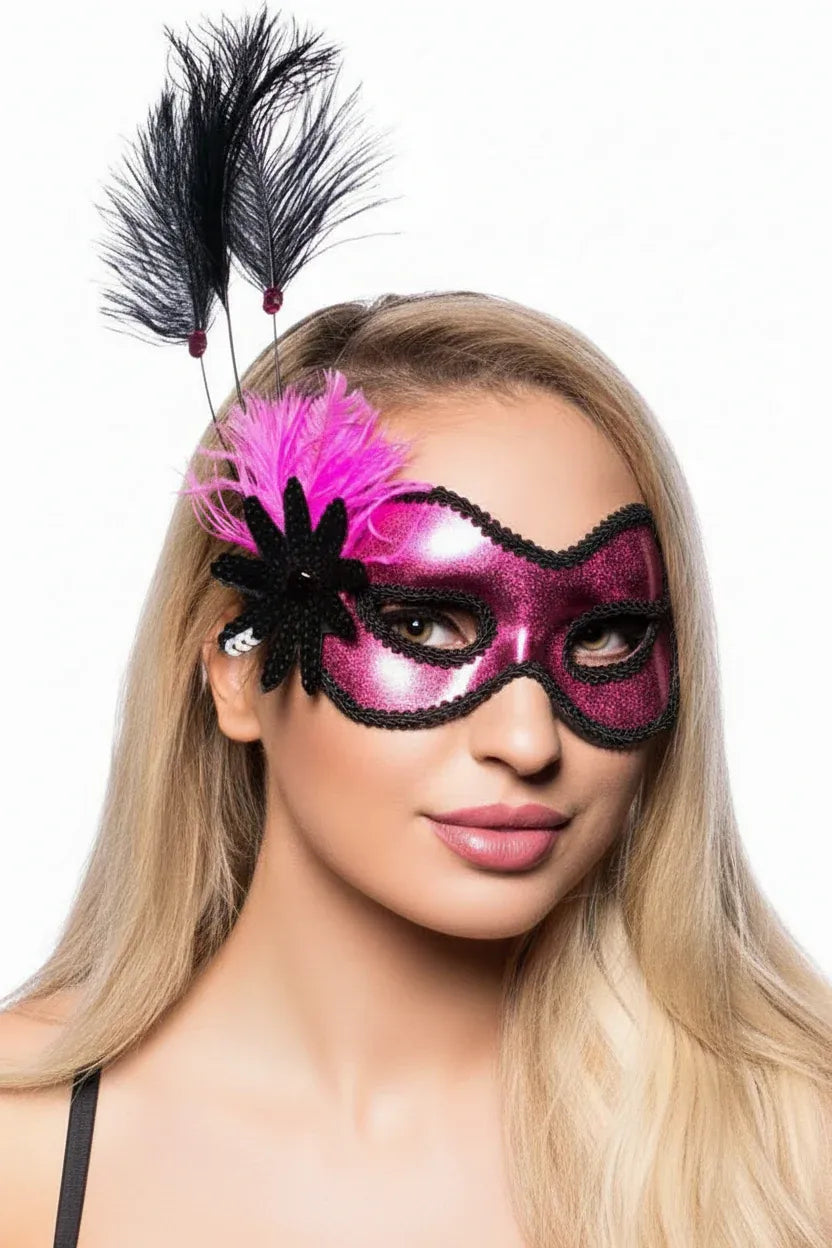 Side Feather Pink Vinyl Masquerade Mask