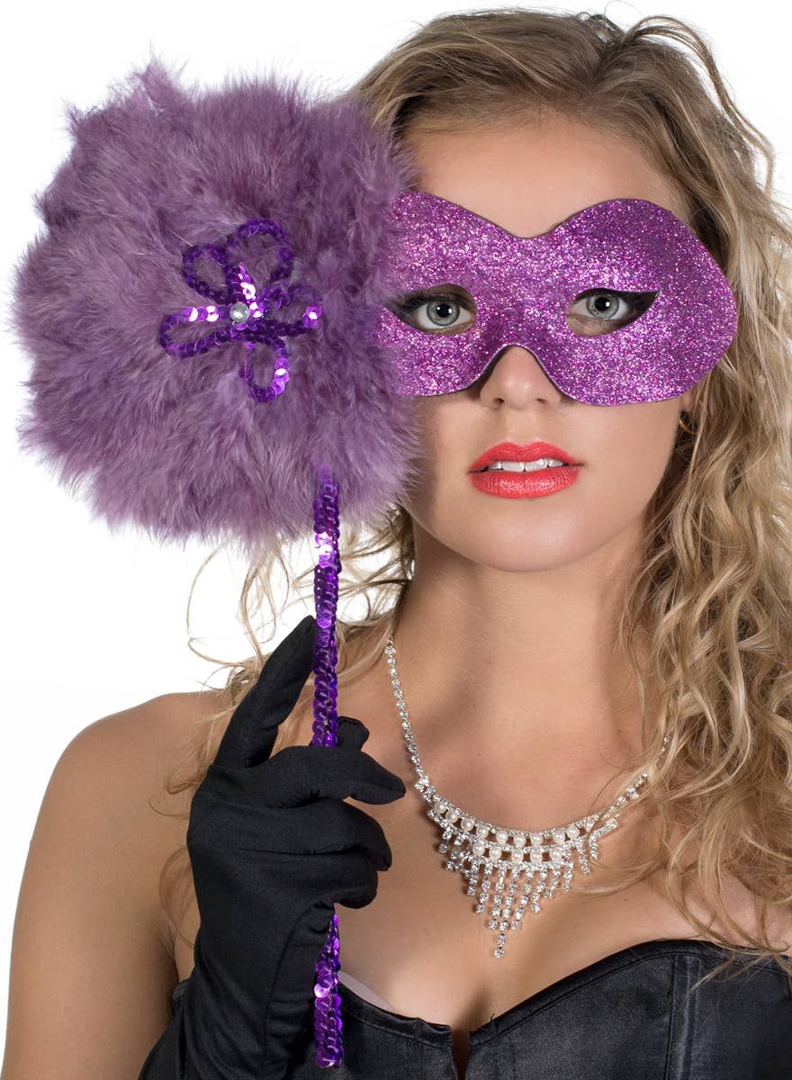 Glitter Swirls Hand Held Masquerade Mask in Purple