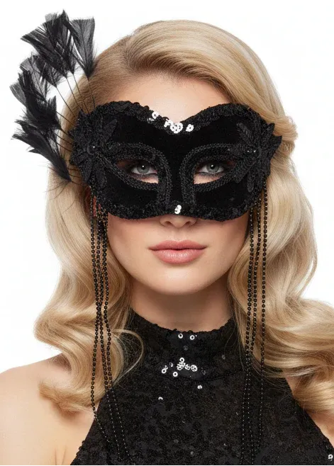 Side Feather Spray Black Masquerade Mask