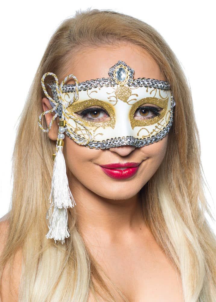 Tassel White and Gold Venetian Masquerade Mask