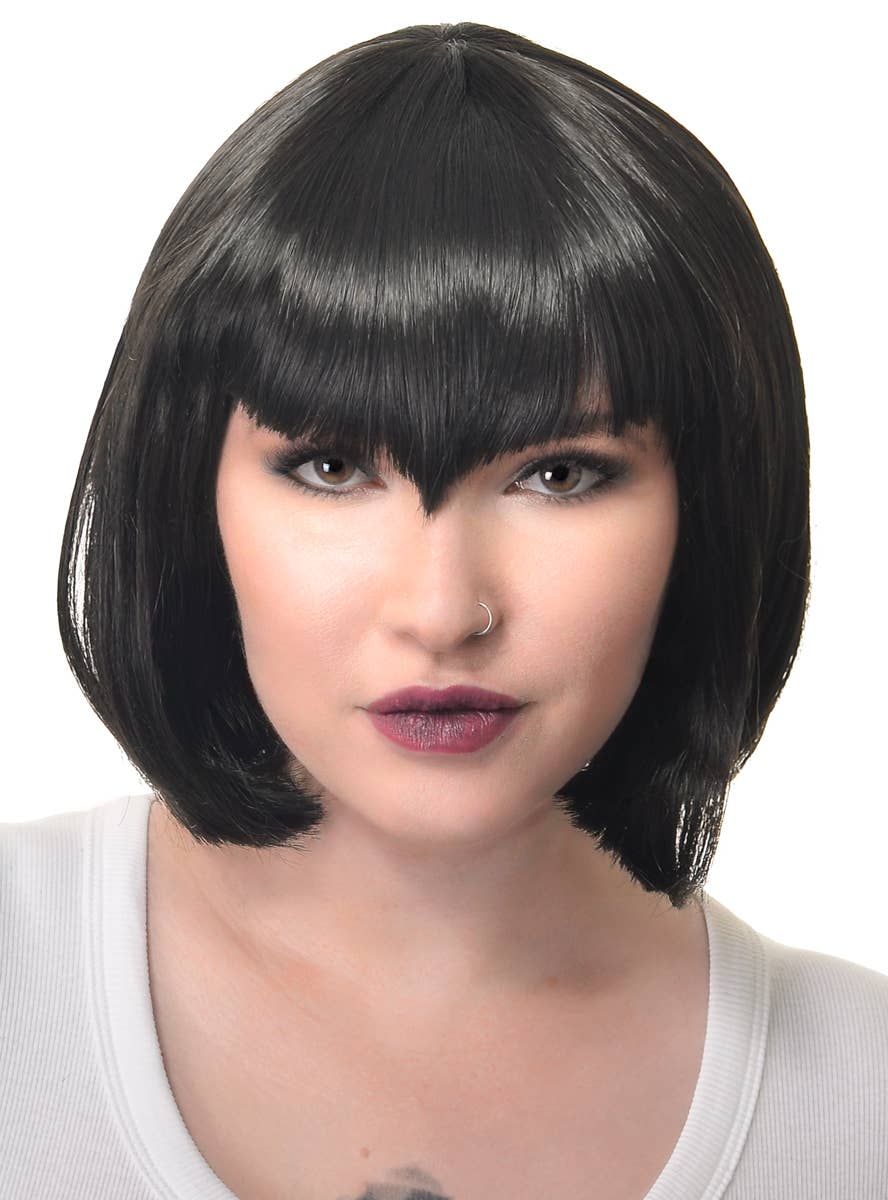 Deluxe Womens Black Vampire Bob Wig with V Fringe