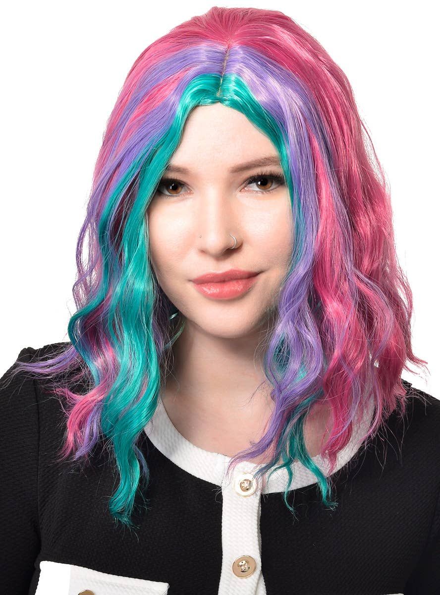 Mid Length Wavy Pink Purple and Teal Womens Costume Wig