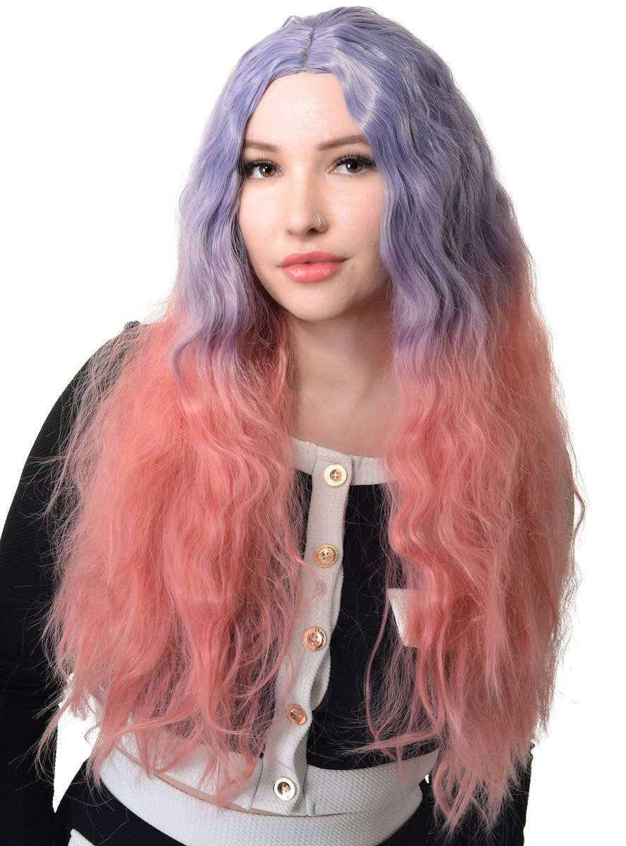 Long Wavy Purple to Pink Ombre Womens Costume Wig