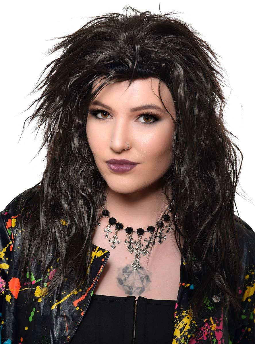Shaggy Nearly Black 1980s Womens Rockstar Costume Wig