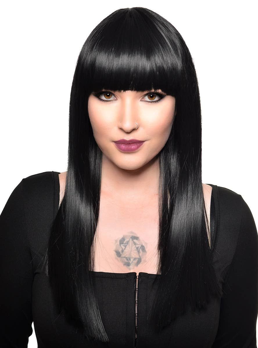 Long Black Heat Resistant Womens Fashion Wig with Fringe