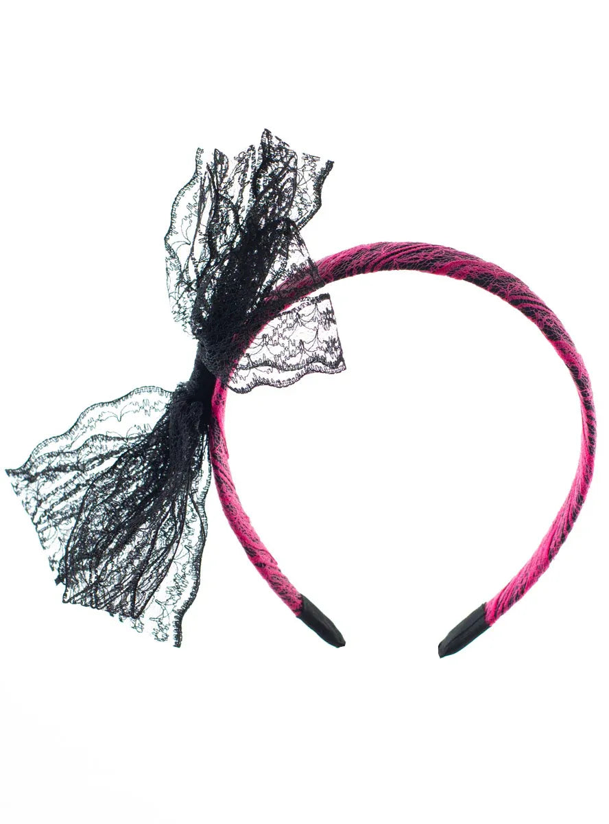 80s Neon Pink And Black Lace Costume Headband With Bow