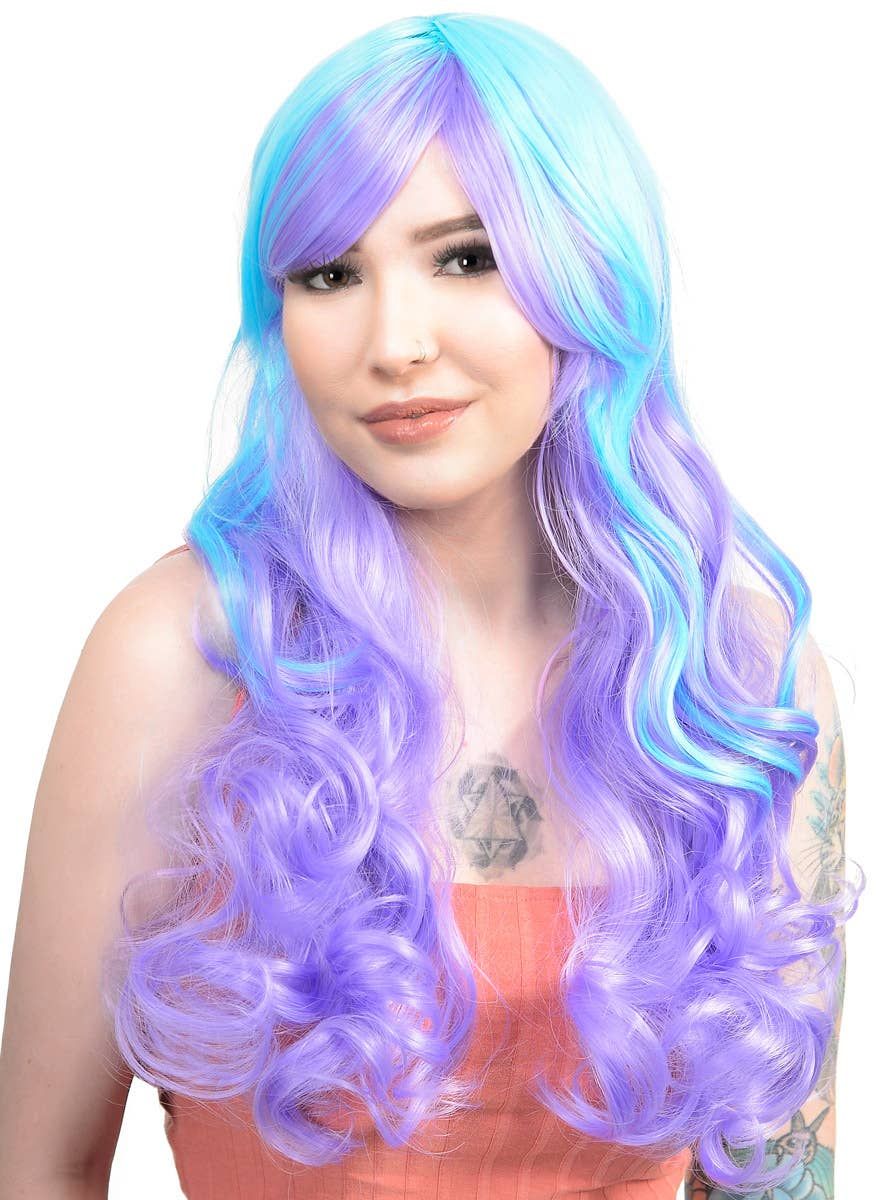 Cara Purple and Blue Long Curly Womens Costume Wig