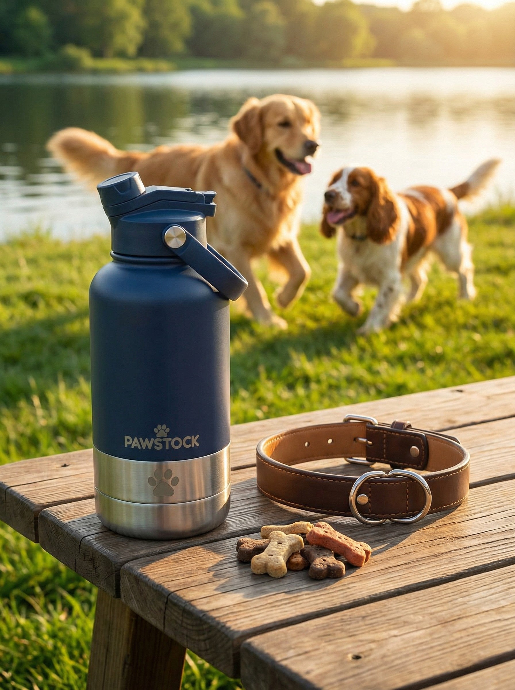 Pawstock 3-in-1 Insulated Dog Water Bottle with Dual Bowls – 1L Stainless Steel Travel Bottle - Navy
