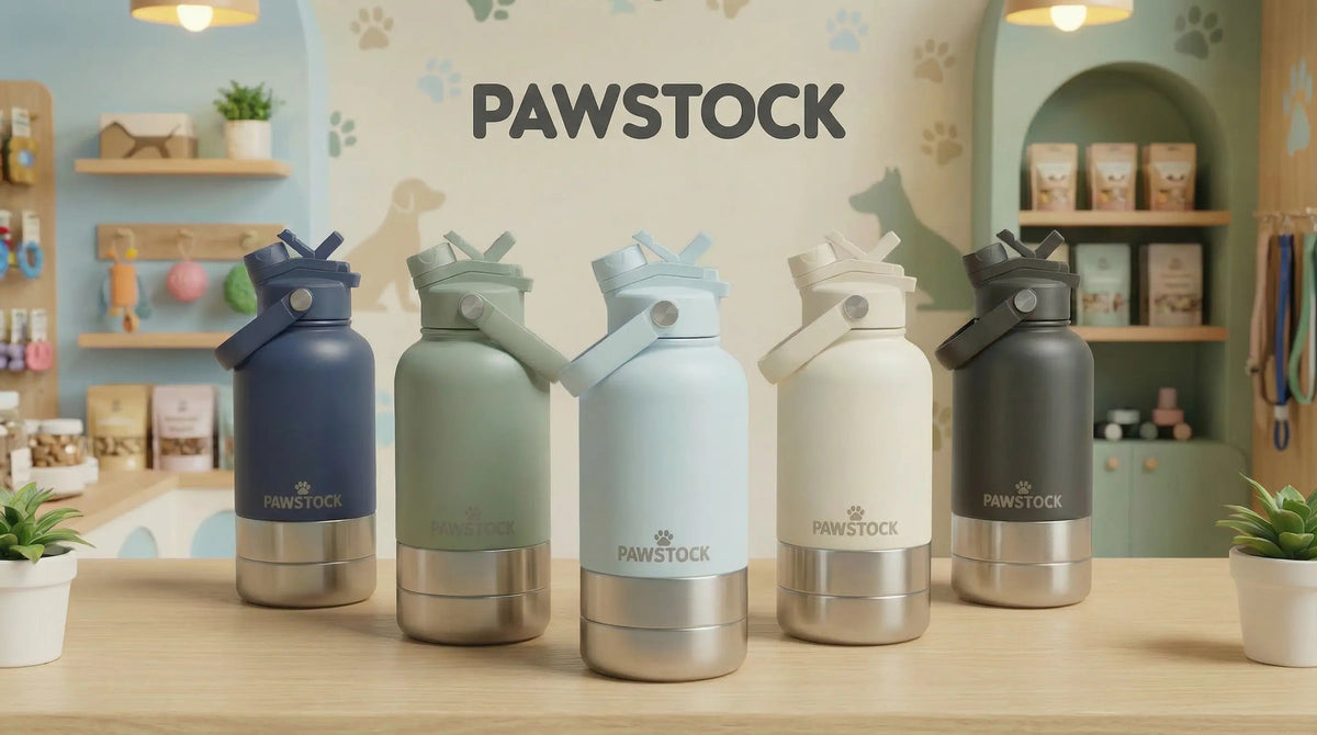 Pawstock 3-in-1 Insulated Dog Water Bottle with Dual Bowls – 1L Stainless Steel Travel Bottle - Navy