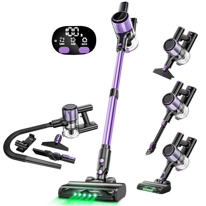 Cordless Vacuum Cleaner, 10 in 1 Stick Vacuum with Powerful Suction, Hose, Green LED Light, Anti-Tangle Brush, 55Kpa Lightweight Rechargeable Vacuum Cleaner for Home, Hardwood Floors, Carpets, Pet Hair.