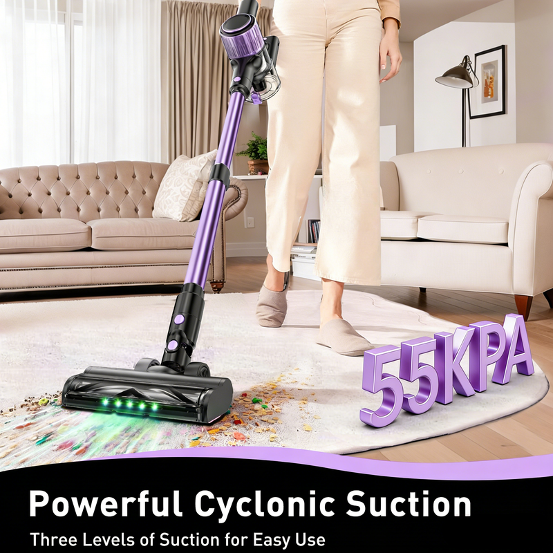 Cordless Vacuum Cleaner, 10 in 1 Stick Vacuum with Powerful Suction, Hose, Green LED Light, Anti-Tangle Brush, 55Kpa Lightweight Rechargeable Vacuum Cleaner for Home, Hardwood Floors, Carpets, Pet Hair.