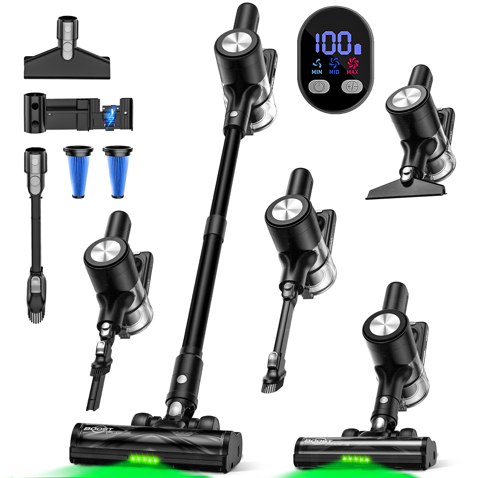 Cordless Vacuum Cleaner, 55Kpa/55Mins Vacuum Cleaners for Home. Self-Standing Stick Vacuum with Rechargeable Dock，LED Display & Anti-Tangle，Lightweight Rechargeable Vacuum for Carpet，Floor