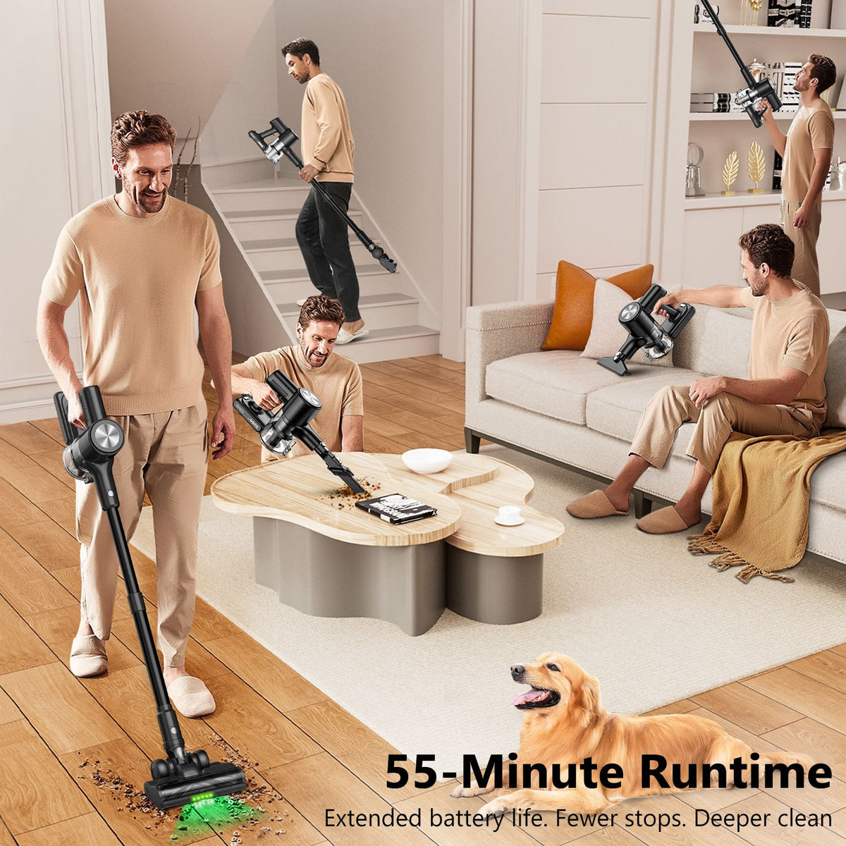 Cordless Vacuum Cleaner, 55Kpa/55Mins Vacuum Cleaners for Home. Self-Standing Stick Vacuum with Rechargeable Dock，LED Display & Anti-Tangle，Lightweight Rechargeable Vacuum for Carpet，Floor