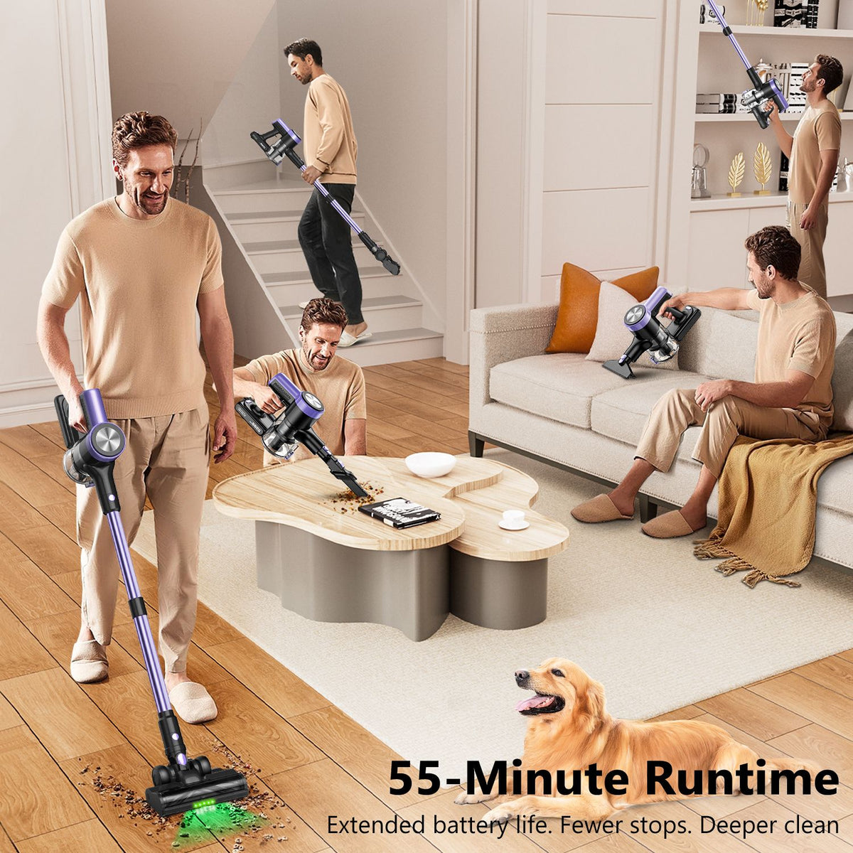 Cordless Vacuum Cleaner, 55Kpa/55mins Self-Standing Powerful Stick Lightweight Vacuum Cleaner for Home Pet Hair/Hard Floor/Carpet。