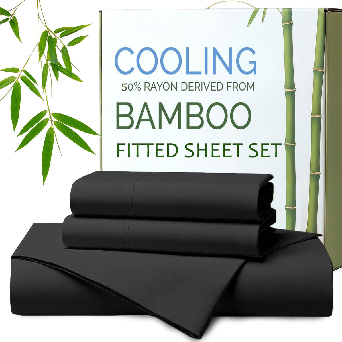 Hotel Breathable Bamboo Fitted Sheet & Pillowcase-3 Piece-Ultra Soft 2000TC Breathable Fitted Bed Sheets Set with 37 Centimetre Deep Pocket-Cooling Sheets for Hot Sleepers(Black,Double)