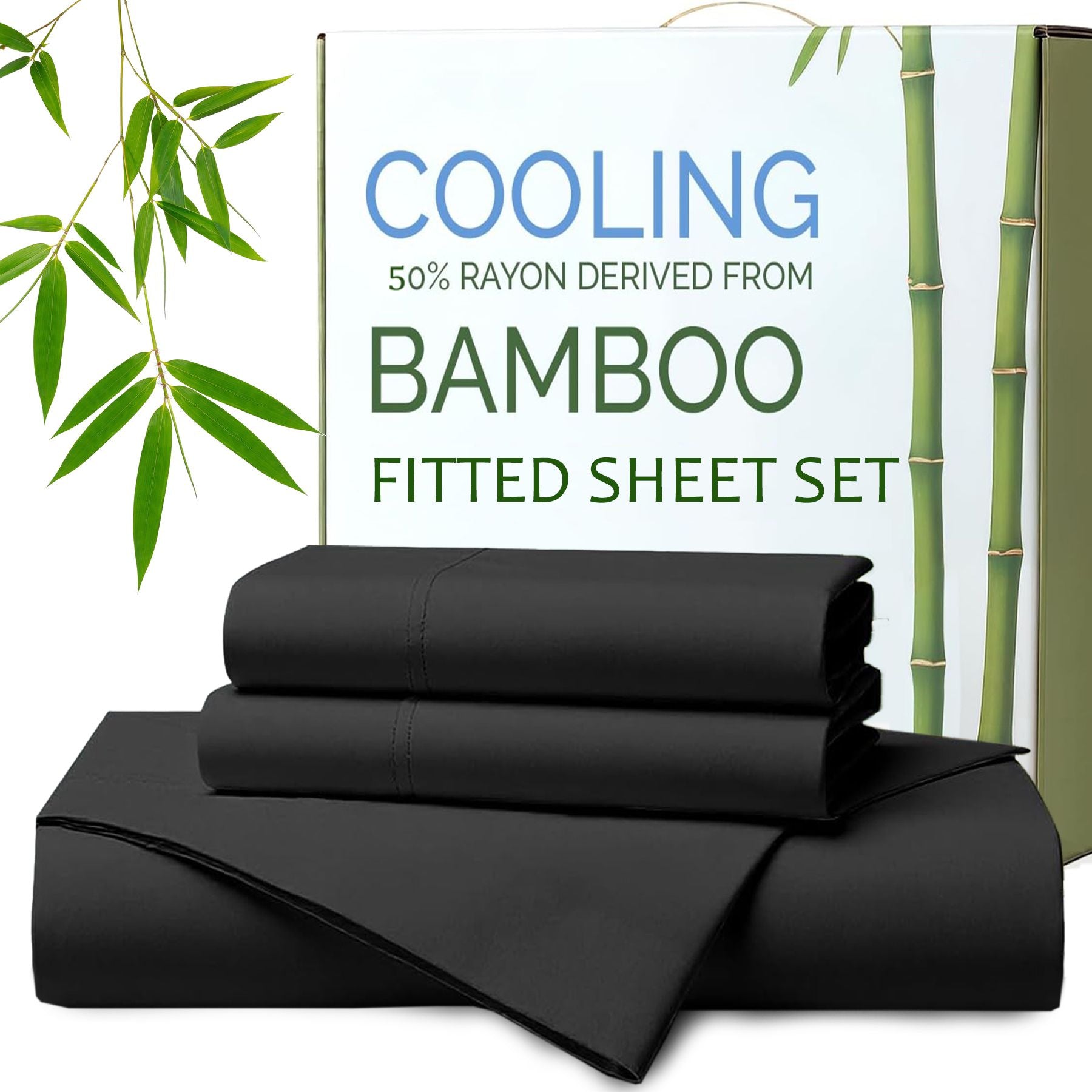 Hotel Breathable Bamboo Fitted Sheet & Pillowcase-3 Piece-Ultra Soft 2000TC Breathable Fitted Bed Sheets Set with 37 Centimetre Deep Pocket-Cooling Sheets for Hot Sleepers(Black,Double)