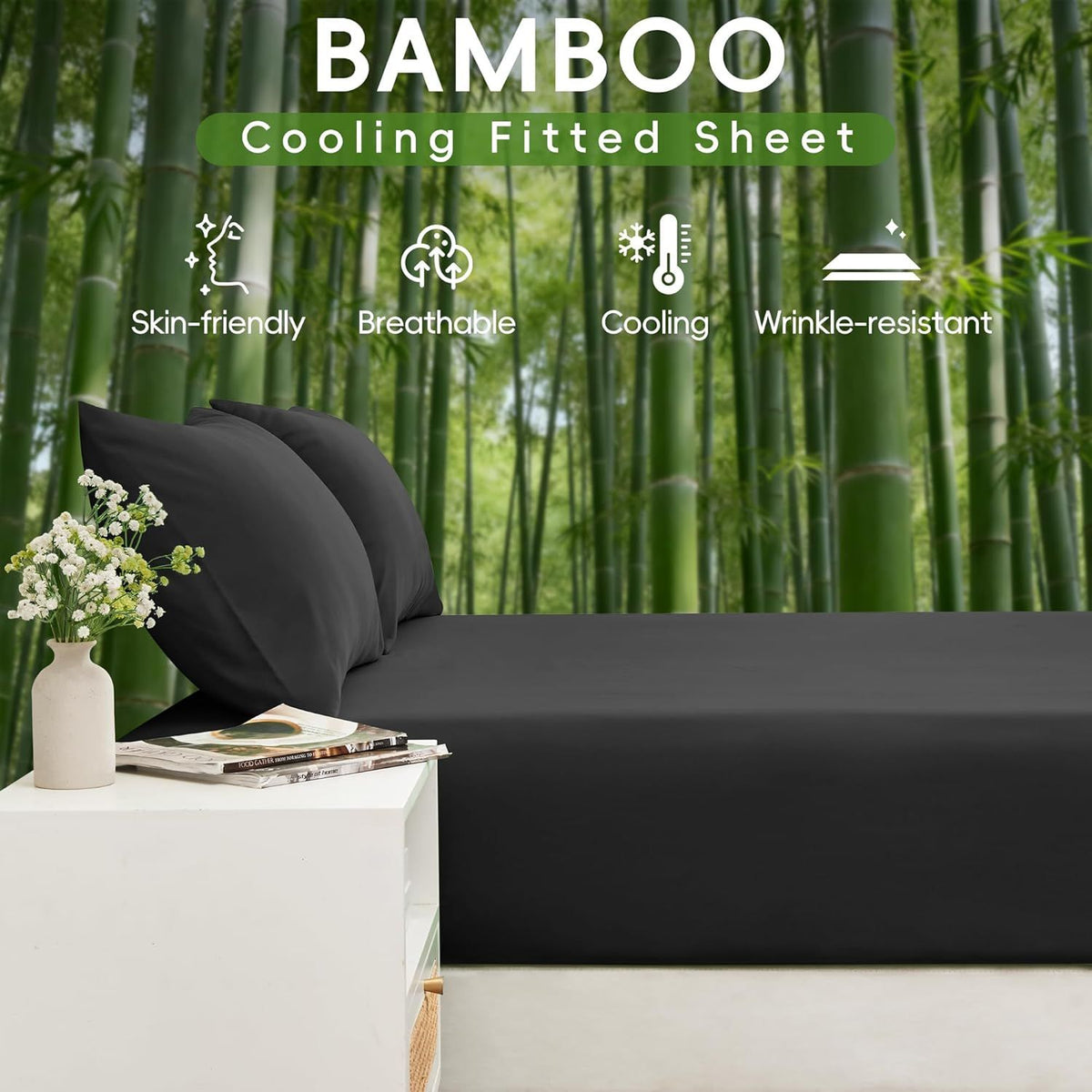 Hotel Breathable Bamboo Fitted Sheet & Pillowcase-3 Piece-Ultra Soft 2000TC Breathable Fitted Bed Sheets Set with 37 Centimetre Deep Pocket-Cooling Sheets for Hot Sleepers(Black,Double)