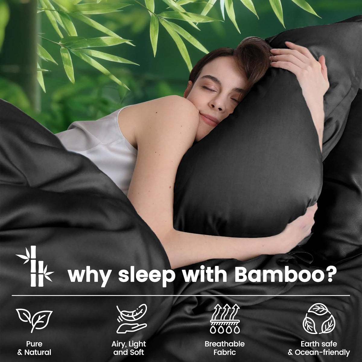 Hotel Breathable Bamboo Fitted Sheet & Pillowcase-3 Piece-Ultra Soft 2000TC Breathable Fitted Bed Sheets Set with 37 Centimetre Deep Pocket-Cooling Sheets for Hot Sleepers(Black,Double)