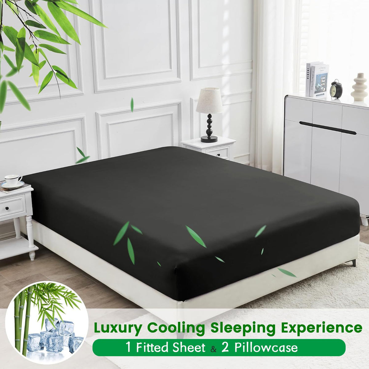 Hotel Breathable Bamboo Fitted Sheet & Pillowcase-3 Piece-Ultra Soft 2000TC Breathable Fitted Bed Sheets Set with 37 Centimetre Deep Pocket-Cooling Sheets for Hot Sleepers(Black,Double)