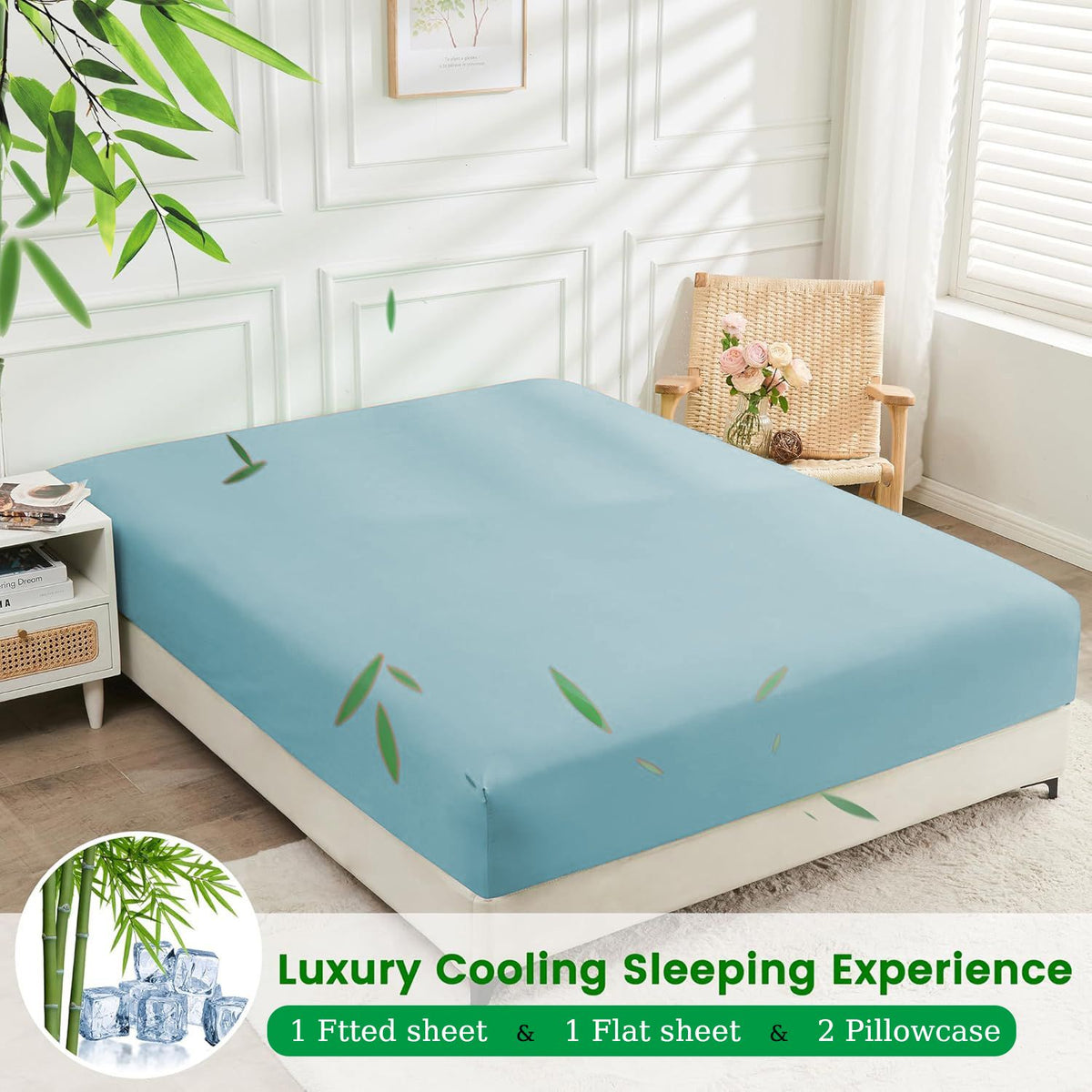 Hotel Breathable Bamboo Fitted Sheet & Pillowcase-3 Piece-Ultra Soft 2000TC Breathable Fitted Bed Sheets Set with 37 Centimetre Deep Pocket-Cooling Sheets for Hot Sleepers(Sky Blue,Double)