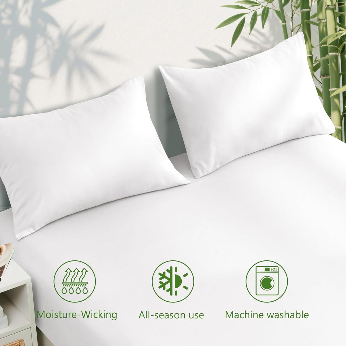 Hotel Breathable Bamboo Fitted Sheet & Pillowcase-3 Piece-Ultra Soft 2000TC Breathable Fitted Bed Sheets Set with 37 Centimetre Deep Pocket-Cooling Sheets for Hot Sleepers(White,Double)