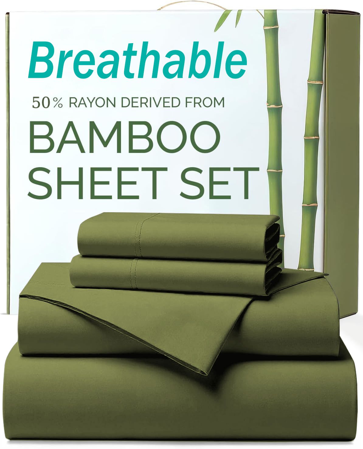 4 Piece Ultra Soft Bamboo Breathable Sheet Set -Hotel 2000TC Breathable Bed Sheets Set with 37 Centimetre Deep Pocket-Breathable Sheets for Hot Sleepers(Olive green,Double)