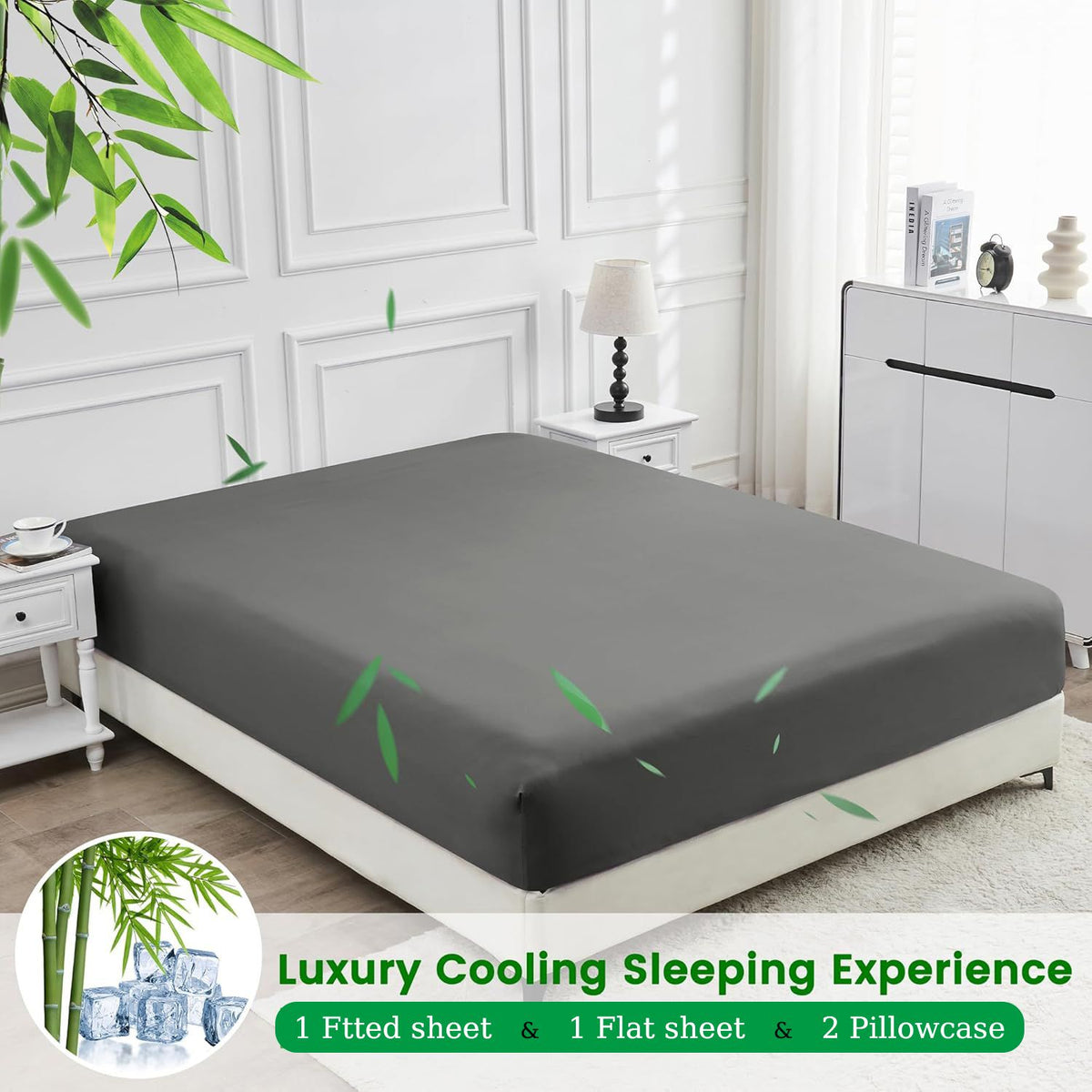 Hotel Breathable Bamboo Fitted Sheet & Pillowcase-3 Piece-Ultra Soft 2000TC Breathable Fitted Bed Sheets Set with 37 Centimetre Deep Pocket-Cooling Sheets for Hot Sleepers(Grey,King)