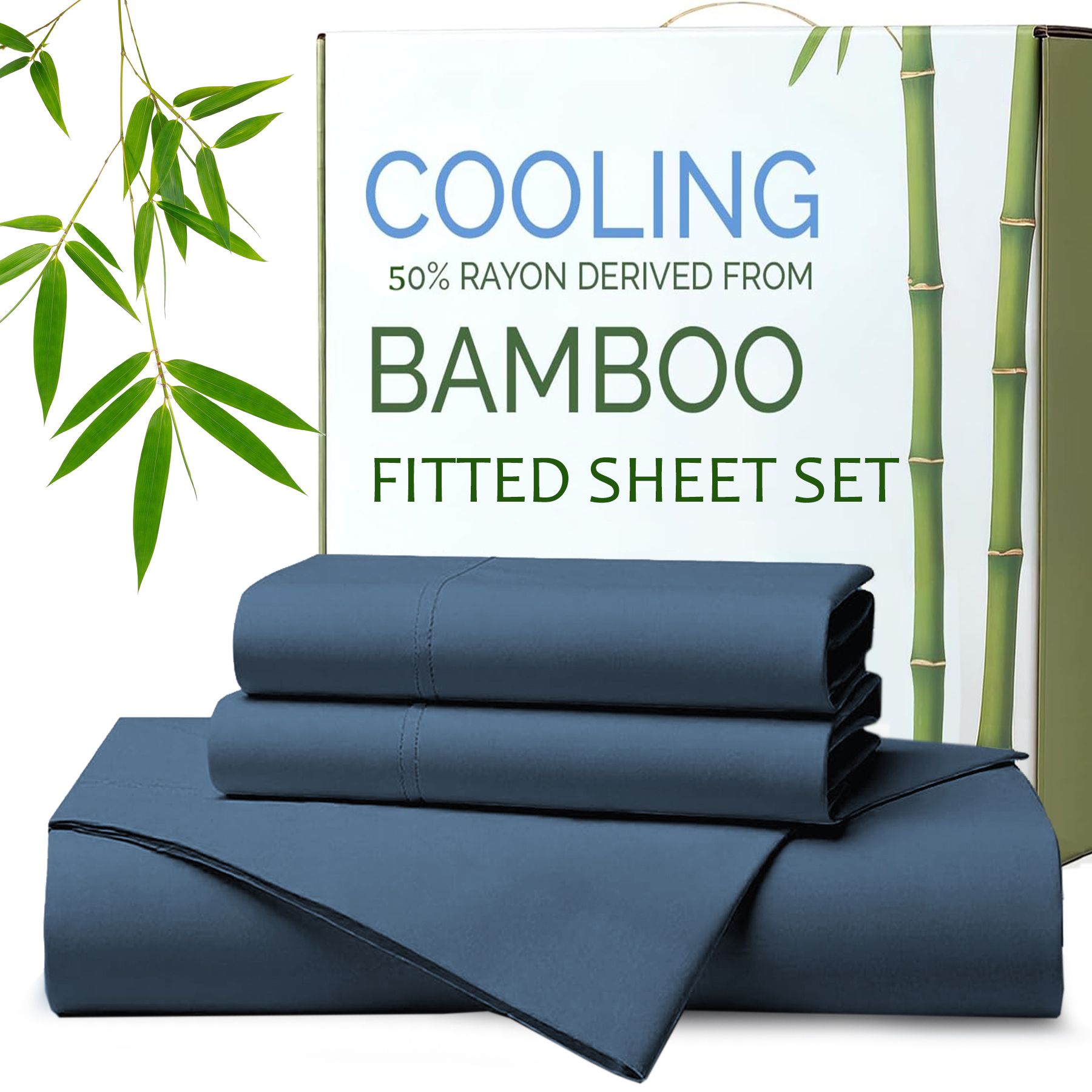 Hotel Breathable Bamboo Fitted Sheet & Pillowcase-3 Piece-Ultra Soft 2000TC Breathable Fitted Bed Sheets Set with 37 Centimetre Deep Pocket-Cooling Sheets for Hot Sleepers(Navy,King)