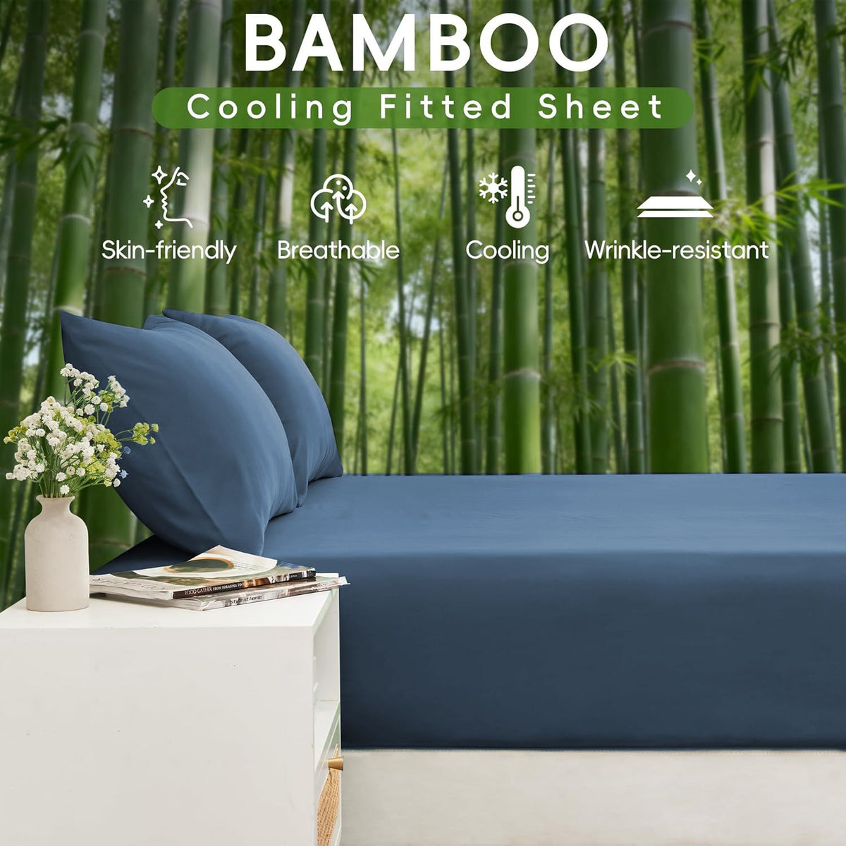 Hotel Breathable Bamboo Fitted Sheet & Pillowcase-3 Piece-Ultra Soft 2000TC Breathable Fitted Bed Sheets Set with 37 Centimetre Deep Pocket-Cooling Sheets for Hot Sleepers(Navy,King)