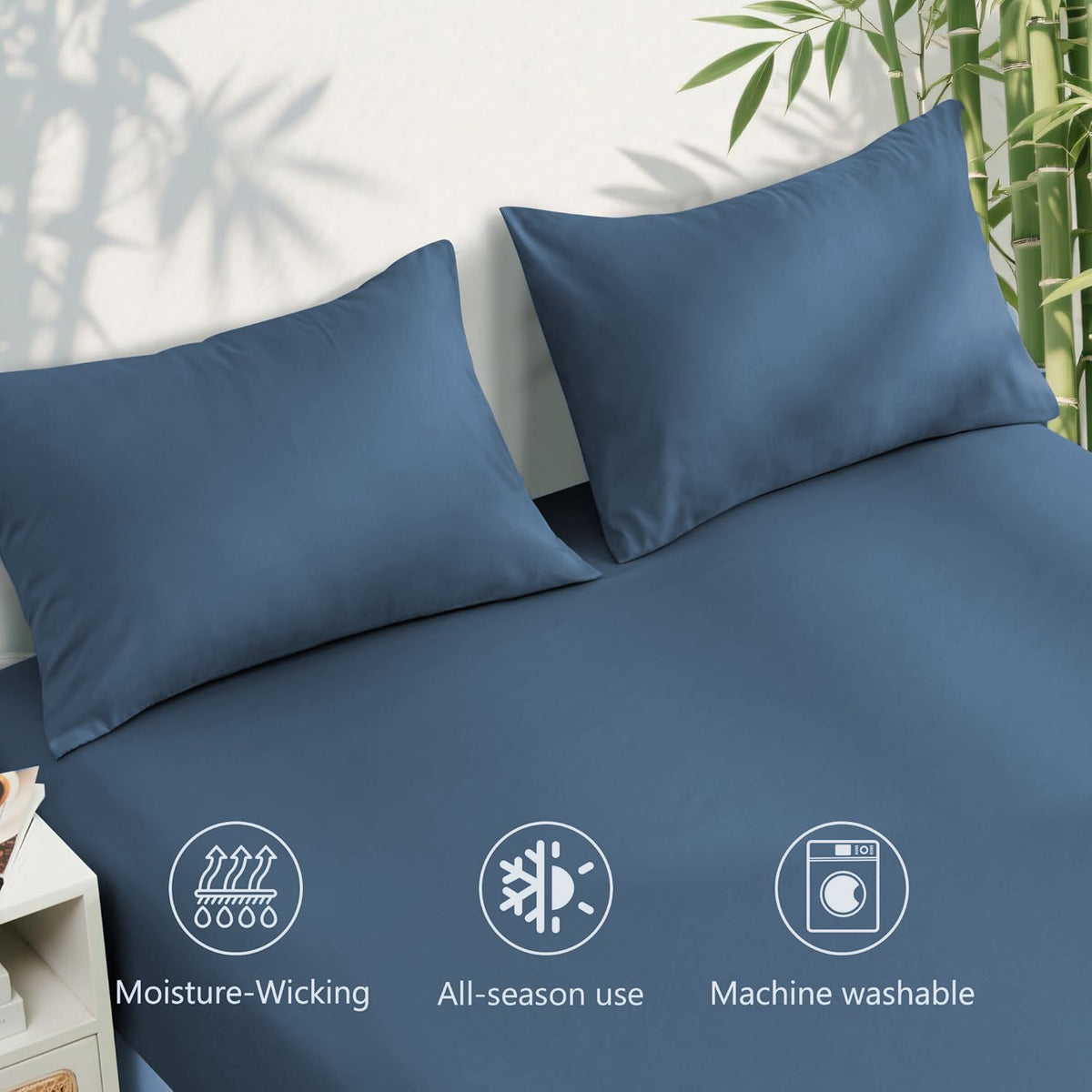 Hotel Breathable Bamboo Fitted Sheet & Pillowcase-3 Piece-Ultra Soft 2000TC Breathable Fitted Bed Sheets Set with 37 Centimetre Deep Pocket-Cooling Sheets for Hot Sleepers(Navy,King)
