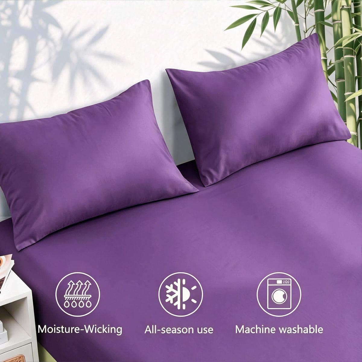 Hotel Breathable Bamboo Fitted Sheet & Pillowcase-3 Piece-Ultra Soft 2000TC Breathable Fitted Bed Sheets Set with 37 Centimetre Deep Pocket-Cooling Sheets for Hot Sleepers(Purple,King)