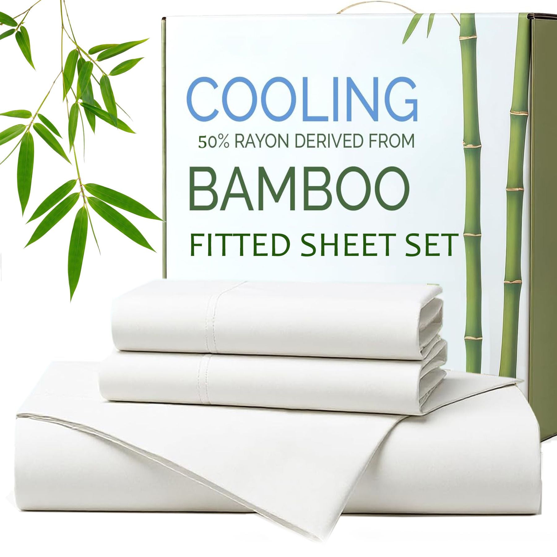 Hotel Breathable Bamboo Fitted Sheet & Pillowcase-3 Piece - Ultra Soft 2000TC Breathable Fitted Bed Sheets Set with 37 Centimetre Deep Pocket-Cooling Sheets for Hot Sleepers(White,King)