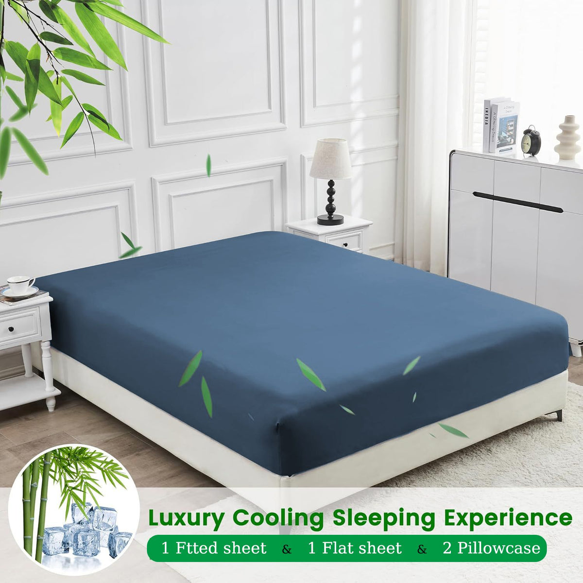 4 Piece Ultra Soft Bamboo Breathable Sheet Set -Hotel 2000TC Breathable Bed Sheets Set with 37 Centimetre Deep Pocket-Breathable Sheets for Hot Sleepers(Navy,King)
