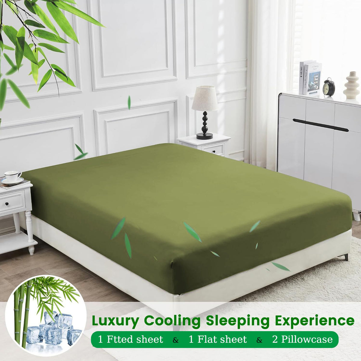 4 Piece Ultra Soft Bamboo Breathable Sheet Set -Hotel 2000TC Breathable Bed Sheets Set with 37 Centimetre Deep Pocket-Breathable Sheets for Hot Sleepers(Olive green,King)