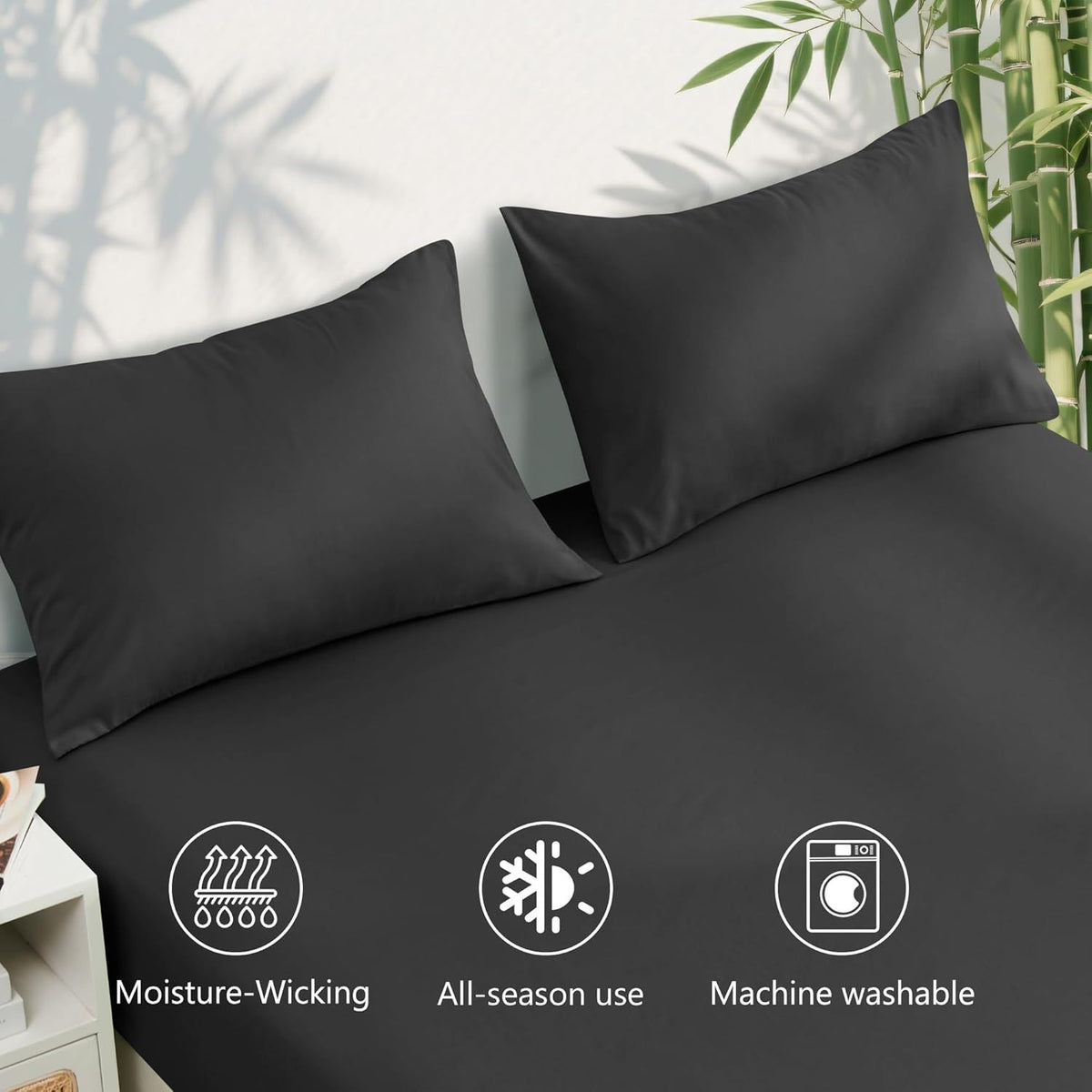 Hotel Breathable Bamboo Fitted Sheet & Pillowcase-3 Piece-Ultra Soft 2000TC Breathable Fitted Bed Sheets Set with 37 Centimetre Deep Pocket-Cooling Sheets for Hot Sleepers(Black,Queen)